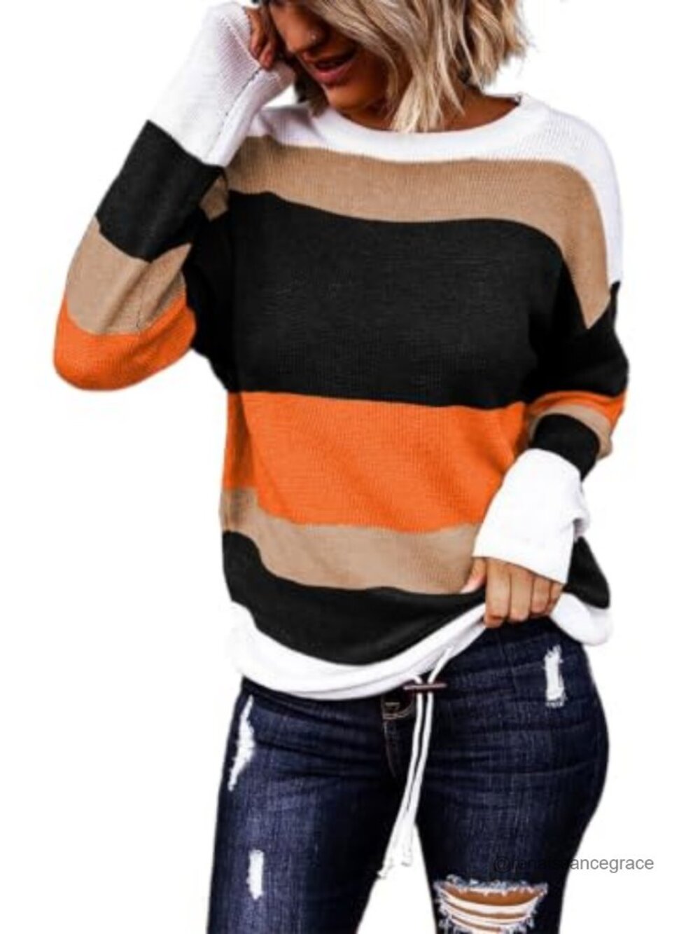 Womens Knit Pullover Sweater Striped Drawstring Crewneck Fall Winter